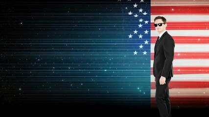 Businessman Facing American Flag with Digital Overlay - A rear view of a businessman in a black suit stands before a stylized American flag backdrop with a digital, data stream effect. - Powered by Adobe
