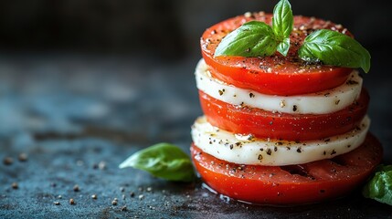 Appetizing caprese salad layers featuring vibrant tomato creamy mozzarella and fresh basil on dark surface culinary delight