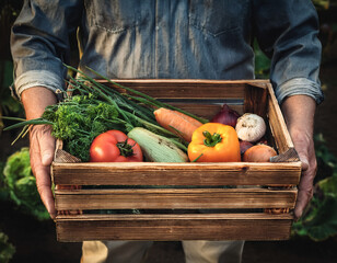 Firefly Hands holding Vintage wooden box with vegetables