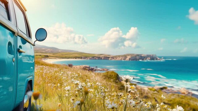 A vintage van is parked near a beautiful coastline surrounded by vibrant flowers and gently crashing waves under a clear blue sky