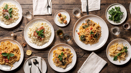Italian Pasta Feast with Multiple Dishes and Side Plates