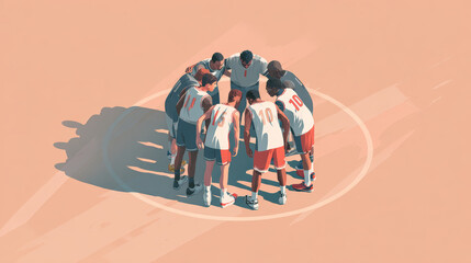 Basketball team in a huddle on the court, discussing strategy before a game.