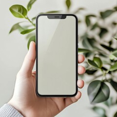 Hand holding smartphone with blank screen in front of green foliage background