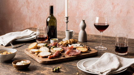 Charcuterie Board with Wine and Rustic Table Setting