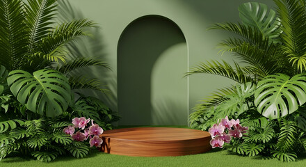 Lush Tropical Plants Frame Wooden Product Display Platform