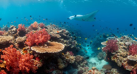 Fototapeta premium Wide View Vibrant Underwater Coral Reef Scene