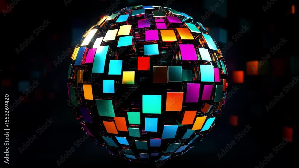 Poster a colorful digital sphere made of reflective geometric shapes rotates in a dark environment, showcas