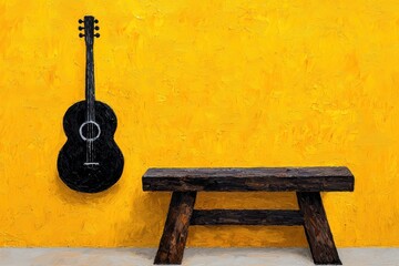 Naklejka premium Black Acoustic Guitar and Rustic Wooden Bench Against Yellow Wall