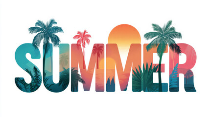 The word summer is artistically filled with sunset, palm trees, and a tropical scene, perfect for a holiday vibe.