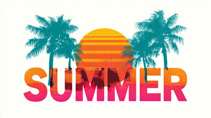 This colorful summer design showcases a beautiful sunset and palm trees in a tropical setting.