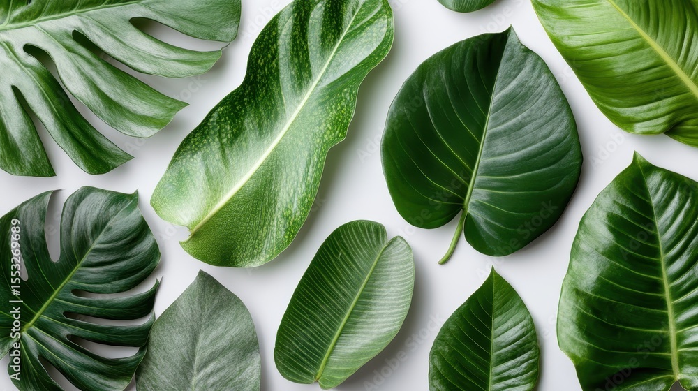 Aufkleber an array of diverse green leaves displayed artistically against a bright background creates a vibran