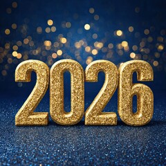 Golden glitter 2026 numbers on sparkling blue background with festive lights for New Year celebration