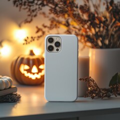 Smartphone with white case on desk amid halloween decor and pumpkin lights