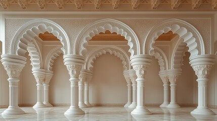 Grand Interior Serenity Rows of Pillars and Ornate Arches in Architectural Marvel Soft Hues Reflective Floor