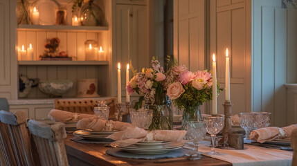 Fototapeta premium Elegant English dining tables styled with flickering candlelight, floral centrepieces, crystal glassware and richly layered plates, capturing the warmth of evening gatherings at home, wedding or event
