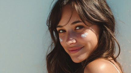 A happy woman wears sunscreen and smiles brightly in the sun, enjoying the summer