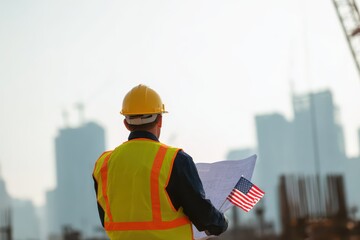 Construction worker reviews plans while celebrating American Independence Day in a city skyline background with flags and cranes present