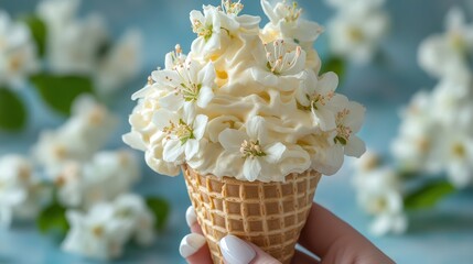 Delightful ice cream cone adorned with white blossoms held gently with a soft focus spring background