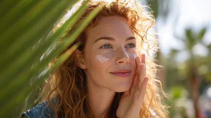 A woman with red hair applies sunscreen, enjoying a sunny summer day.