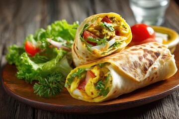 Two kathi roll filled with vegetables and cheese on a wooden board