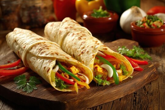 Two kathi roll filled with vegetables and cheese on a wooden board