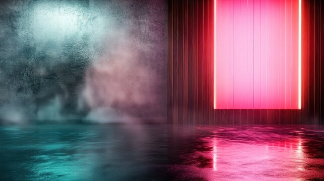 An artistic impression of a modern space features contrasting textures and sleek neon light, ideal for conveying feelings of innovation and contemporary design. - Powered by Adobe