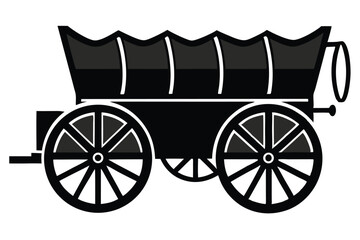 Black silhouette of a covered wagon with large wheels and vintage design
