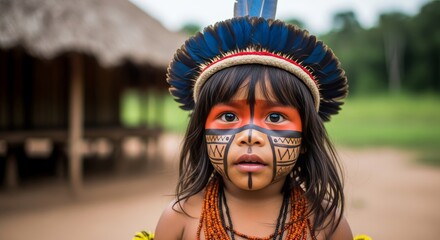 Uma criança de uma tribo indígena olhando para a câmera