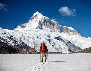Adventurer Hiking Towards Snowy Mountain Summit Under Clear Blue Skies