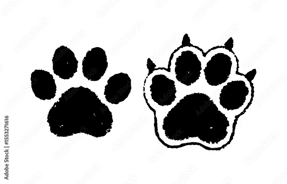 Poster two black paw prints with claws on transparent background for design use