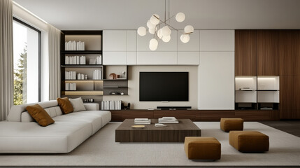 Fototapeta premium Modern luxury living room features spacious layout with white sectional sofa, wooden accents, and stylish coffee table. Soft lighting creates warm and inviting atmosphere