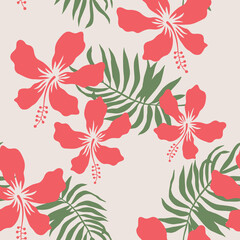 Fototapeta premium Tropical hibiscus flowers, green palm leaves silhouettes, gray background. Vector seamless pattern. Floral flat illustration. Exotic plants. Summer beach design. Paradise nature