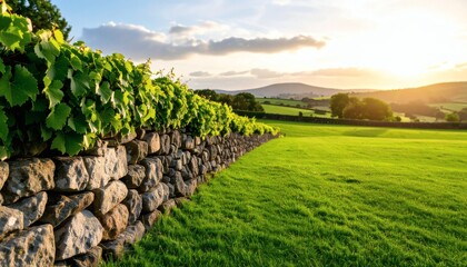 Stone Wall and Lush Meadow at Sunset