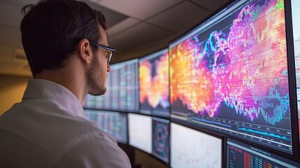 Financial analyst reviewing stock market data on multiple monitors, analyzing global trading trends.