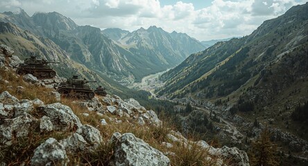 Mountain pass choke point defended by mines and camouflaged sentries