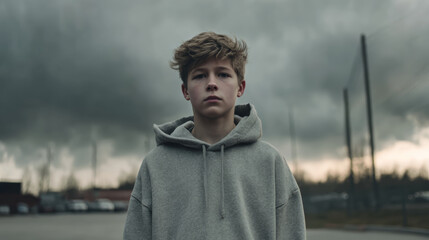 Portrait of a young man with a serious expression under a dramatic sky.