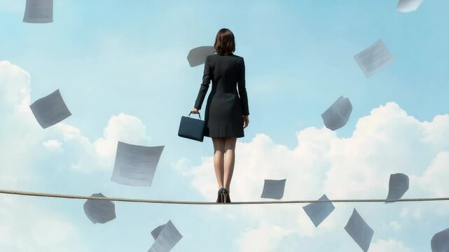 Businesswoman balancing on tightrope, carrying briefcase while scattered papers drift downward, symbolizing corporate risk and professional challenge against cloudy backdrop