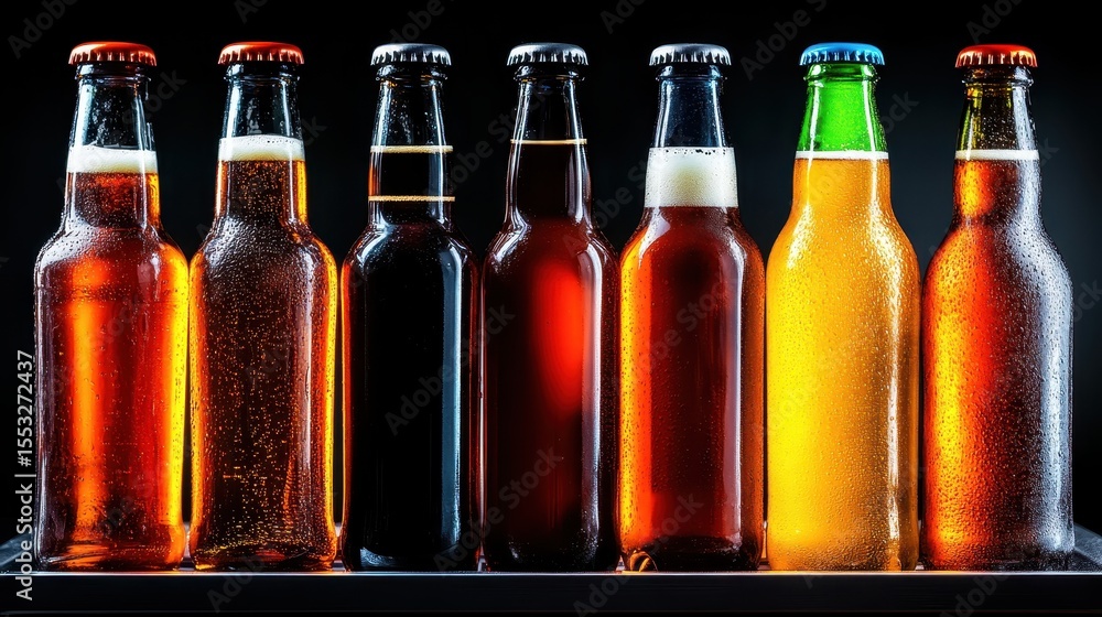 Poster a visually striking lineup of various beer bottles displayed on a sleek dark surface, showcasing div