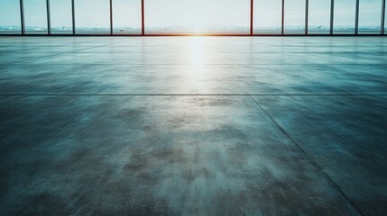 An expansive view of a modern airport floor bathed in natural light, reflecting a serene and inviting atmosphere combining travel with industrial elegance.