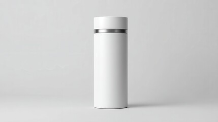 Sleek white cylindrical bottle with a metallic silver band accent against a neutral background