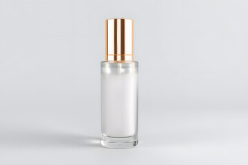 Naklejka premium Luxury body care bottle with gold cap. Elegant cosmetic bottle with a frosted body and shiny golden cap, isolated on a white background. Ideal for skincare product branding and packaging mockups.