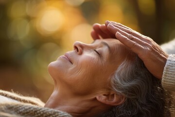 a senior woman receiving a Reiki healing session outdoors
