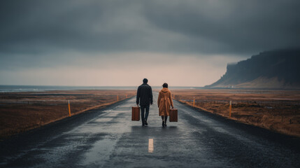 A couple walks away, carrying suitcases down a long, open road, evoking a sense of journey.