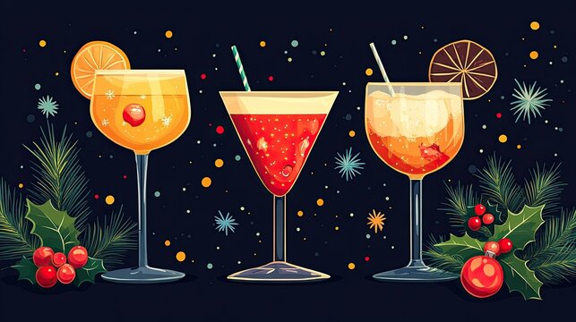 Flat vector illustration of Christmas cocktail, festive drink, holiday cheer, perfect for seasonal promotions and festive content.