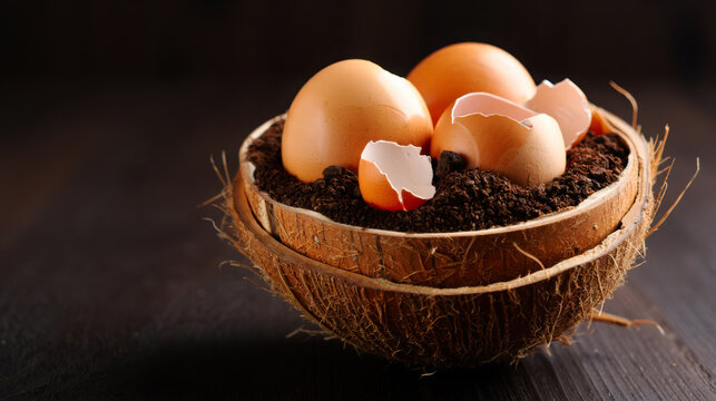 Brown chicken eggs and cracked shells nestled in dark soil within a rustic coconut shell planter - Powered by Adobe