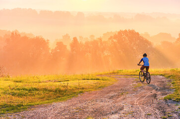 A person is riding a bike on a dirt road. The road is surrounded by trees and the sky is orange