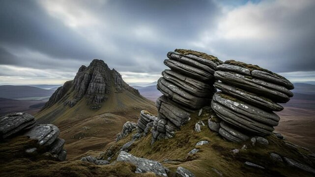 Dramatic landscape of the Scottish Highlands featuring unique layered rock formations and the Suilven mountain peak under a moody, cloudy sky.

