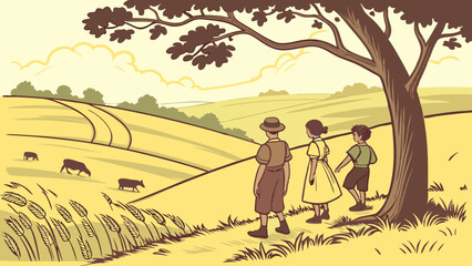 Couple silhouetted by the sunset, walking hand-in-hand through a grassy summer landscape
