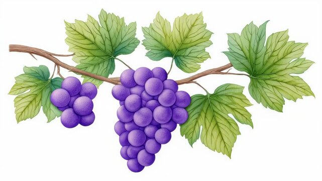 Lush Purple Grapes on Vine - A cluster of ripe purple grapes hangs from a vine, surrounded by vibrant green leaves. The detailed illustration showcases the texture and color of the grapes and leaves.
