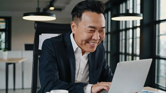 Bald in the middle head and begin no loss hair glabrous of mature Asian business smart active office man.